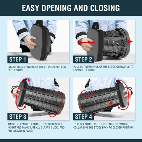 Instructions for unfolding and folding the Square Upgraded Dope Collapsible Stool with 3 in 1 Cushioned Carry Bag.