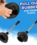 Close-up of Toilet Brush And Plunger Set 18 Inch No Rust Stainless Steel Design with hand using upgraded plunger cup.