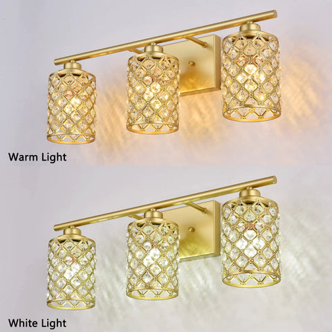 Gold vanity light fixture with crystal accents showing warm and white light options. Three Light Black Bathroom Light Fixtures With Crystal Accents Elevate Your Dope Modern Farmhouse Vanity Wall Lamps Over The Mirror Powder Room Vanity Lighting E26 Socket Ready Vintage Industrial Style.