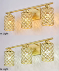 Three Light Gold Bathroom Vanity Light Fixture With Crystal Accents Modern Farmhouse Style Vanity Lighting For Powder Room E26 Base Compatible Vintage Industrial Glow Vibe Modern showing warm light and white light options.