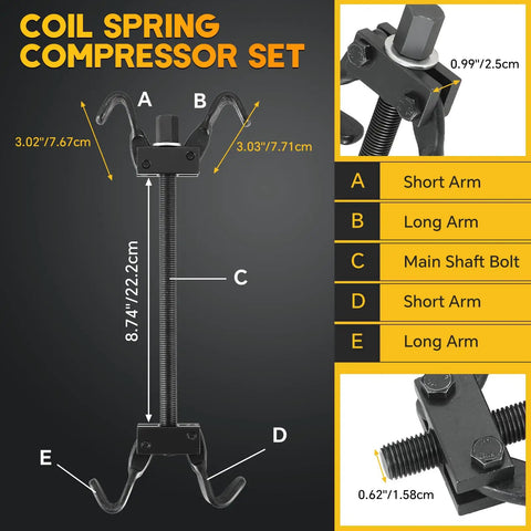 Heavy Duty Coil Spring Compressor Tool Kit For Auto Repair Pro Grade Spring Clamp Set dimensions and parts labeled