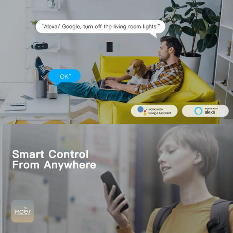 Man on yellow couch with dog using voice command for 3 Way Smart Light Switch With 2 4Ghz WiFi That Plays Nice With Alexa