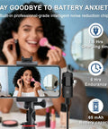 Woman using 3-In-1 Wireless Lavalier Microphone For iPhone And Android, mini mic mounted on smartphone for vlogging and live streaming.