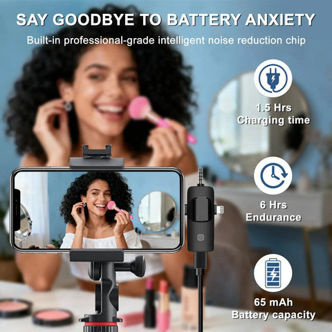 Woman using 3-In-1 Wireless Lavalier Microphone For iPhone And Android, mini mic mounted on smartphone for vlogging and live streaming.