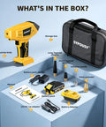 On The Go Tire Inflator With Auto Shut Off And 160 PSI, Dual Power Modes From Battery Or Car Lighter, kit components shown