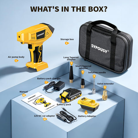 On The Go Tire Inflator With Auto Shut Off And 160 PSI, Dual Power Modes From Battery Or Car Lighter, kit components shown