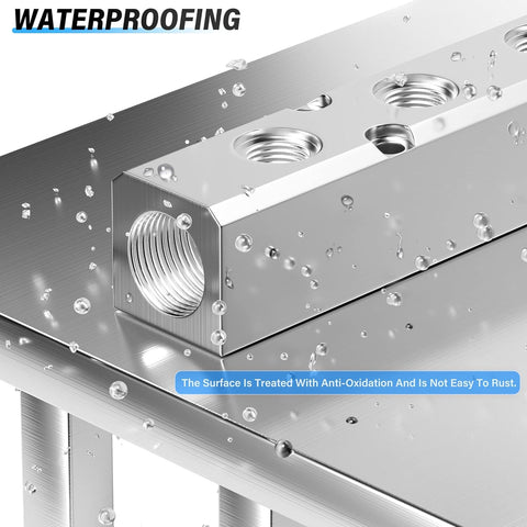 3 Way 5 Port Pneumatic Manifold Aluminum Block With 1/2 Inch NPT Input And 1/4 Inch NPT Output close-up showing anti-rust feature