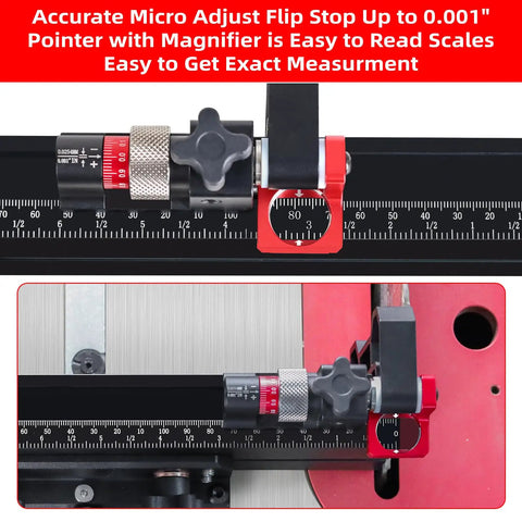 Heavy Table Saw Miter Gauge With Micro Adjust Flip Stop And Extensible Aluminum Fence From 18 To 32 Inches showing precise measurement scale.