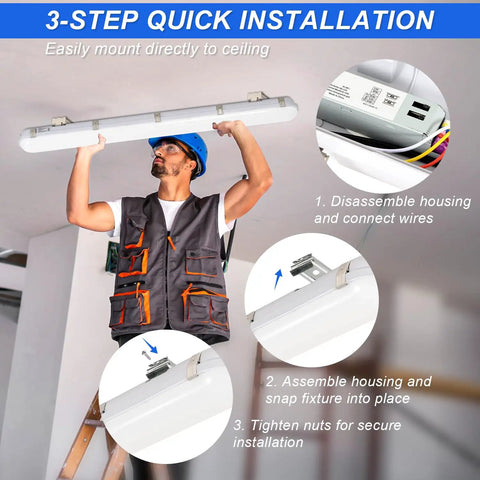 Person installing Rugged Four Foot Vapor Tight Shop Light With 40W 50W 60W Selectable Power And 3000K To 5000K Tunable CCT