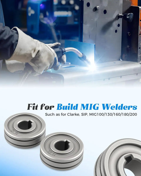 Close-up of 2 Pack Drive Roll For MIG Welder 0.8mm 0.9mm K Groove Wire Feed Roller with MIG welding in background.