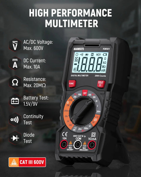 All In One Electrical Test Kit With Digital Multimeter Non Contact Voltage Tester And GFCI Outlet Tester shown with specifications