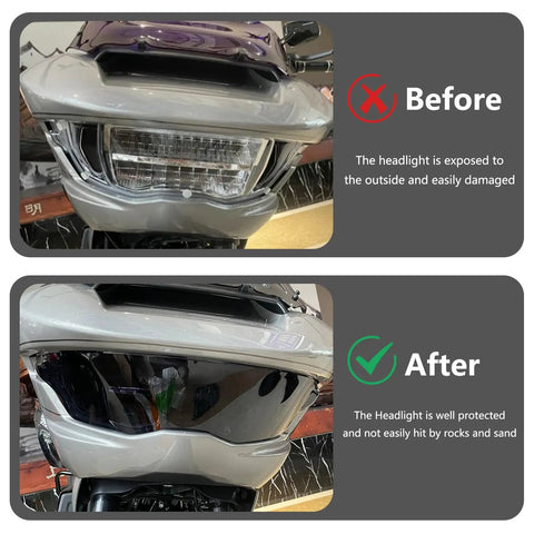 Comparison of Road Glide headlights with and without "Beefed Up Waterproof Front Headlight Guard For Road Glide CVO FLTRXSE 2023 2024 And Road Glide ST 2024 Smoky Gray Headlamp Shield With All Weather Protection Against Rocks Debris".