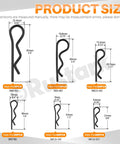 Diagram showing 145 pcs of Six Sizes Black Zinc Plated Hitch Pins R Clips Kit with dimensions in millimeters.