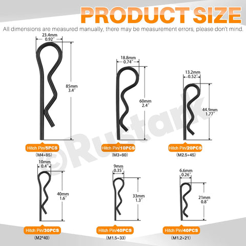 Diagram showing 145 pcs of Six Sizes Black Zinc Plated Hitch Pins R Clips Kit with dimensions in millimeters.