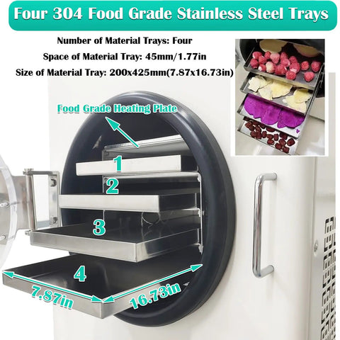 Heavy Duty Four Tray 110V Vacuum Freeze Dryer Machine For Home Kitchens With Stainless Steel Trays showing four stainless trays and heating plate.