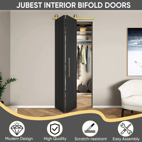 36 Inch By 84 Inch Bi-Fold Barn Door With Brushed Gold Hardware Kit, Hollow Core Interior Folding Sliding Door In Textured Black installed