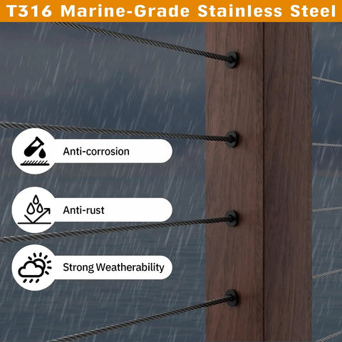 Durable Built To Last Cable Railing Protector Sleeves T316 marine-grade steel on wood post showing anti-corrosion and anti-rust features