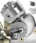 Top Tier 3 Jaw Chuck And Dividing Head Kit With Tailstock, heavy duty rotary indexing setup with angled chuck and precision markings.