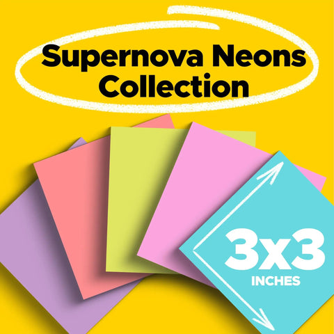 Super Sticky Notes 3 By 3 Inches Supernova Neons 24 Pack stacked in vibrant colors on a yellow background, ideal for reminders.