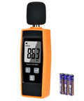 Portable Handheld Sound Level Meter For Indoor And Outdoor Noise Testing, 30 To 130 dB, Backlit LCD Display, Max Min Hold Functions, The No Nonsense Practical Little Tool For Noise Pollution Monitoring And Home Theater Setup. Orange plastic handheld sound level meter with backlit LCD and AAA batteries