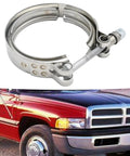 Turbo V Band Clamp with O Ring Seal Replacement for Dodge Cummins 4BT 6BT 12V 24V Diesel Engine shown with truck