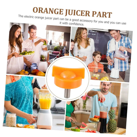 Collage of people using orange juicers with central focus on a Locking Squeezer Screw for Citrus Juicer Replacement Part.