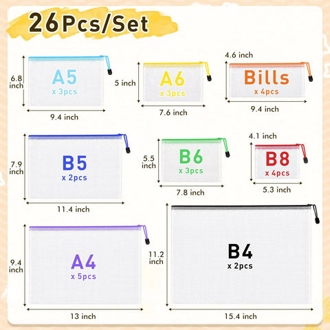 26 Pack Mesh Zipper Pouch Bags With 8 Sizes And Colors Clear Waterproof Zippered Storage Pouches for Organizing Office School Supplies