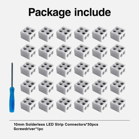 30 Pack Solderless LED Tape Light Connectors With Screw Terminal Blocks 2 Pin 10mm, Includes Screwdriver, Wire To COB