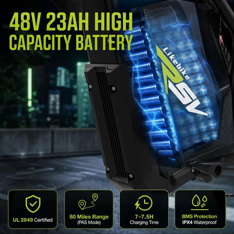 Close-up of 48V 23Ah battery on the All-Terrain Fat Tire Electric Mountain Bike With 2000W Peak Motor, showing high capacity battery features.