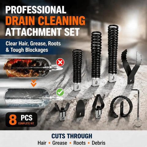Built Different Beast Mode Drain Cable Auger Bit Set Works With One Half And Three Eighth Inch Cables With steel cutting heads for tough blockages.
