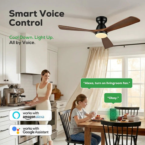 52 Inch Smart Flush Mount Low Profile Outdoor Ceiling Fan With Lights Dope Quiet DC Motor in modern kitchen setting