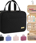 Hanging Toiletry Bag For Travel And Makeup Kit Waterproof, Space Saver Yet Roomy With A Gigantic Opening, Medium Size, Black shown closed and open with compartments visible.