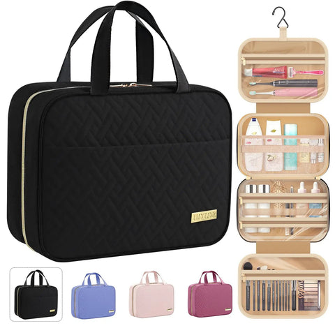 Hanging Toiletry Bag For Travel And Makeup Kit Waterproof, Space Saver Yet Roomy With A Gigantic Opening, Medium Size, Black shown closed and open with compartments visible.