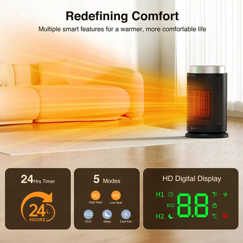 Ultra Quiet 1500W Portable Space Heater With Digital Display Ceramic PTC Fast Heating in living room with orange glow