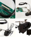 Heavy Duty Magnifying Glass Vise With Badass Rock Solid Grip And Fine Tuned Focus Lens For Electronics Repair Jewelry Crafting And Precision Bench Work. Close-up of magnifier on circuit board and adjustable clamp.