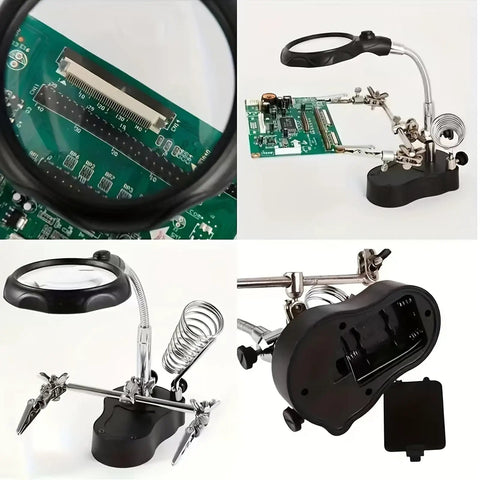 Heavy Duty Magnifying Glass Vise With Badass Rock Solid Grip And Fine Tuned Focus Lens For Electronics Repair Jewelry Crafting And Precision Bench Work. Close-up of magnifier on circuit board and adjustable clamp.