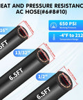 Auto AC Hose And Fitting Kit 32 Pc Set With 6 8 10 Size Hoses And Line Adapters, showing 6.5 ft hoses with diameter details