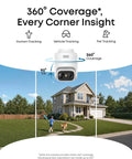 Wireless Solar Outdoor Security Camera With 2K HD Video And 360 Pan Tilt AI Auto Tracking showing 360° coverage at a home.