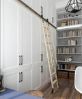 10Ft Sliding Library Ladder Hardware Kit For Home Office With Bottom Wheels And Brakes, 300 Lb Max Load, installed on cabinets.