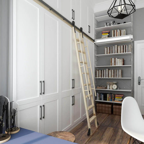10Ft Sliding Library Ladder Hardware Kit For Home Office With Bottom Wheels And Brakes, 300 Lb Max Load, installed on cabinets.