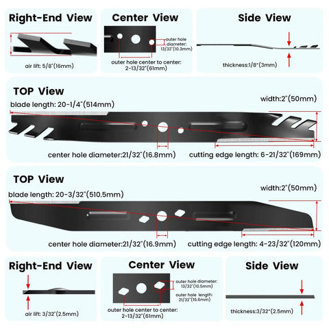 Diagram of AB2101D 21 Inch Mulching Lawn Mower Blade Kit For EGO Select Cut 56V Mowers Replacement Heavy Duty Dual Blade System dimensions