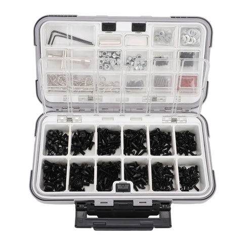 M3 M4 RC Screw Kit With 537 Pieces Stainless Steel Hardware Set And Double Sided Organizer Box open showing contents