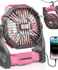 20000mAh Portable Camping Fan With LED Light Battery Powered Quiet Operation USB A And USB C Ports For Travel Pink
