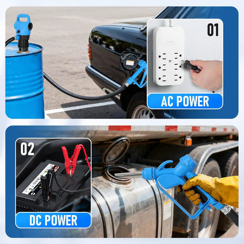Hassle Free Electric Drum Pump With Telescopic Suction Tube And Swivel Nozzle for AC and DC power connections in use.