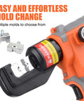 Slick Electric Hydraulic Crimping Tool Featuring Brushless Motor, 12 Ton Battery Lug Wire Crimper with interchangeable molds.
