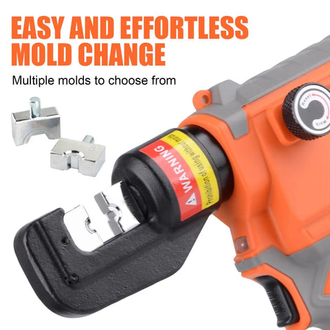 Slick Electric Hydraulic Crimping Tool Featuring Brushless Motor, 12 Ton Battery Lug Wire Crimper with interchangeable molds.