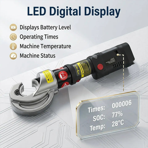 LED digital display on Heavy Duty 120KN Electric Hydraulic Crimping Tool Kit with battery level and temperature indicators.