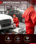 Technician in red uniform conducting professional car tests in garage, focusing on metallographic, salt spray, and dimensional assessments.