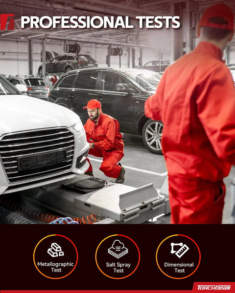 Technician in red uniform conducting professional car tests in garage, focusing on metallographic, salt spray, and dimensional assessments.