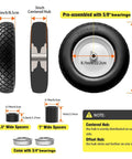 Front view of a 16-inch solid wheelbarrow tire with a centered 3-inch hub and 5/8 in and 3/4 in bearings.
